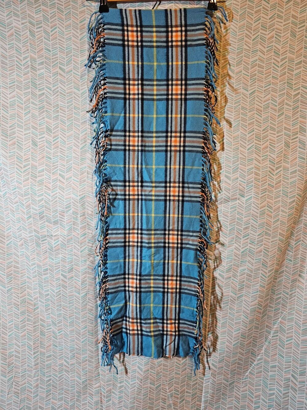 Preston & York Classic Plaid Blue/Orange Fringe Scarf OS
